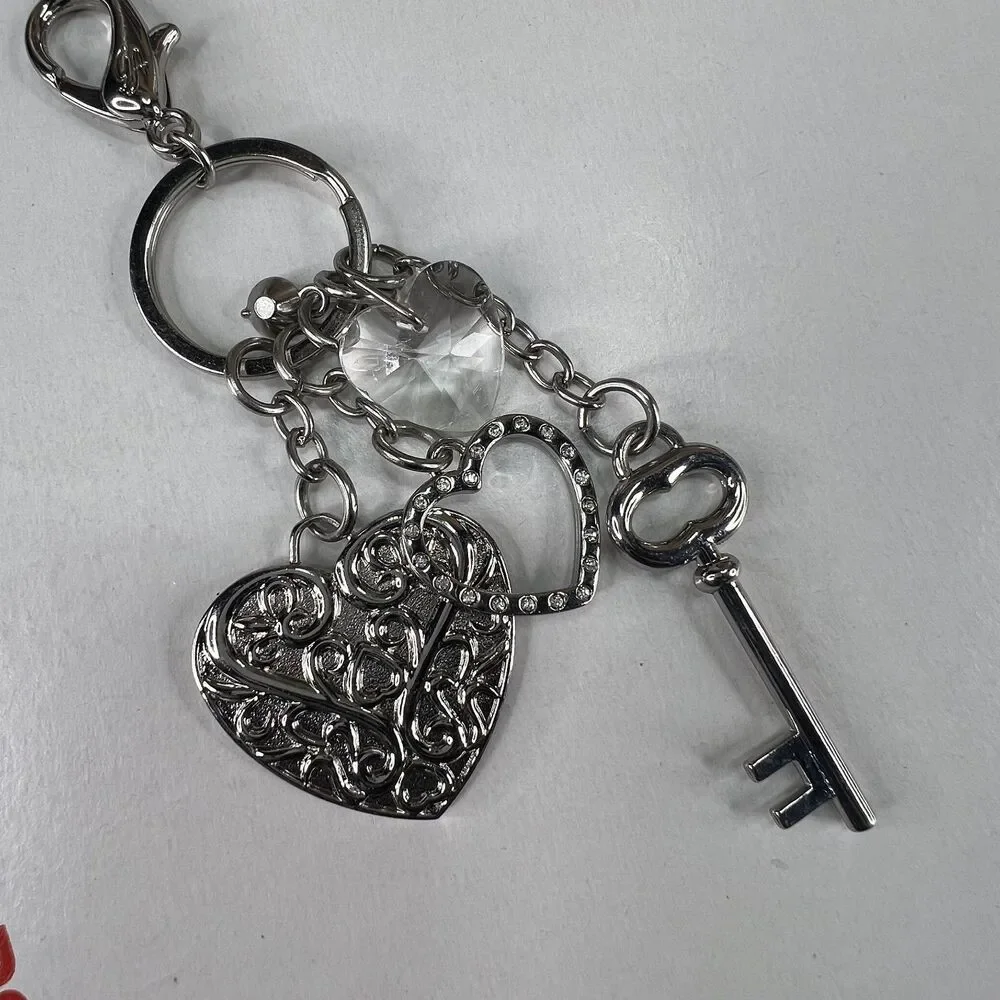 Vintage Silver Filigree Heart & Key Keychain Ornate Romantic Keychain Keyring